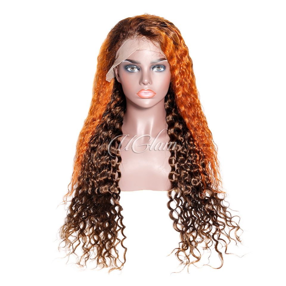 Uglam Ginger Highlight 4/350 13X4 Transparent Lace Front  Water Wave Wig Human hair